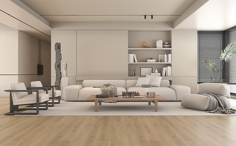 warm toned wood look laminate flooring in cozy living room